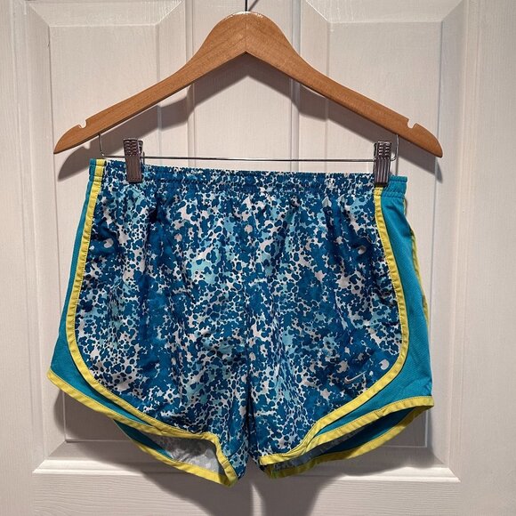 Nike Women's Running Shorts Dri Fit Lined Blue Yellow Size M - Picture 1 of 3